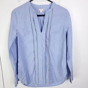 J Crew Top Womens XS Popover Y Neck Pintuck Light Blue Cotton Rounded Hem Preppy